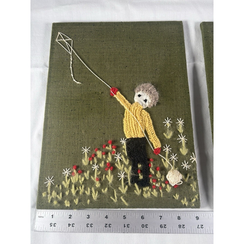 Crewel Needlepoint Art SET OF 2 Boy Girl Kite Flowers Board Back unframed 70's - Picture 7 of 12